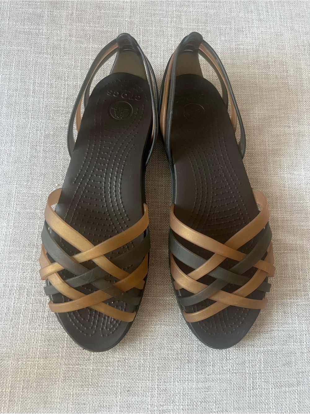 CROCS brown strappy sandals, women’s 7, slip on casual lightweight holiday